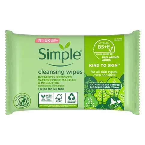 Simple Kind to Skin Cleansing Wipes Bio-degradable 25 wipes 
